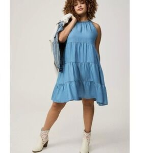 Torrid Trapeze Mini Dress Women's Plus Sz 1X Blue Denim Tiered with Pockets